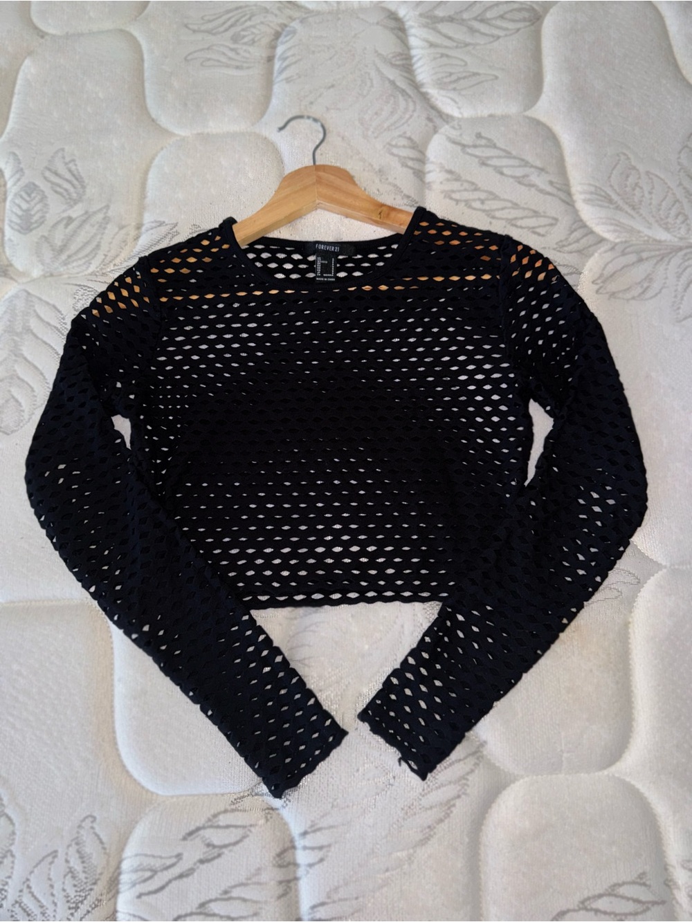 Forever 21 Black Long-Sleeve Cropped Mesh Top